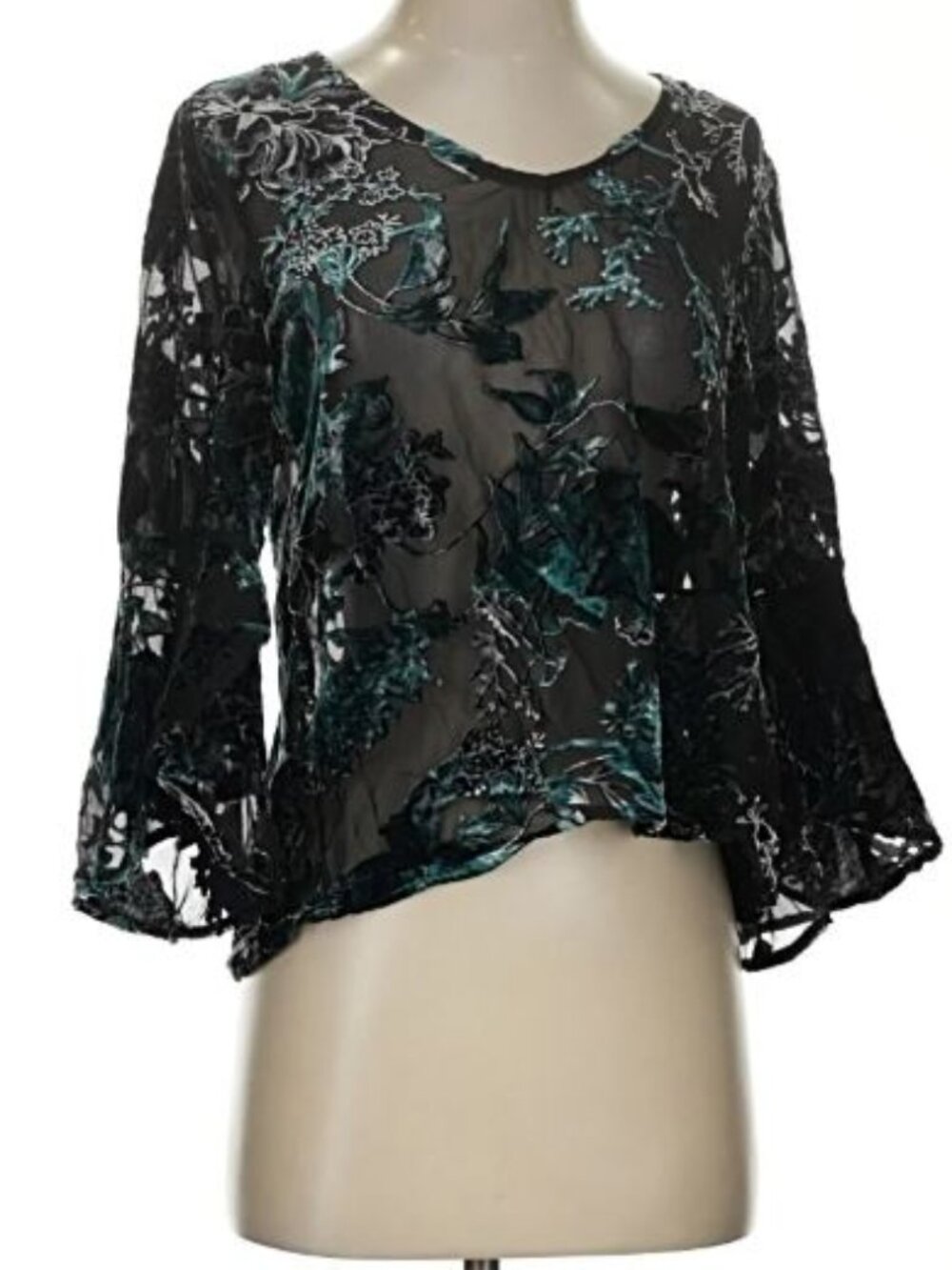 Anthropologie Floral Velvet Burnout Top Small Iridescent Black Sheer Bell Sleeve